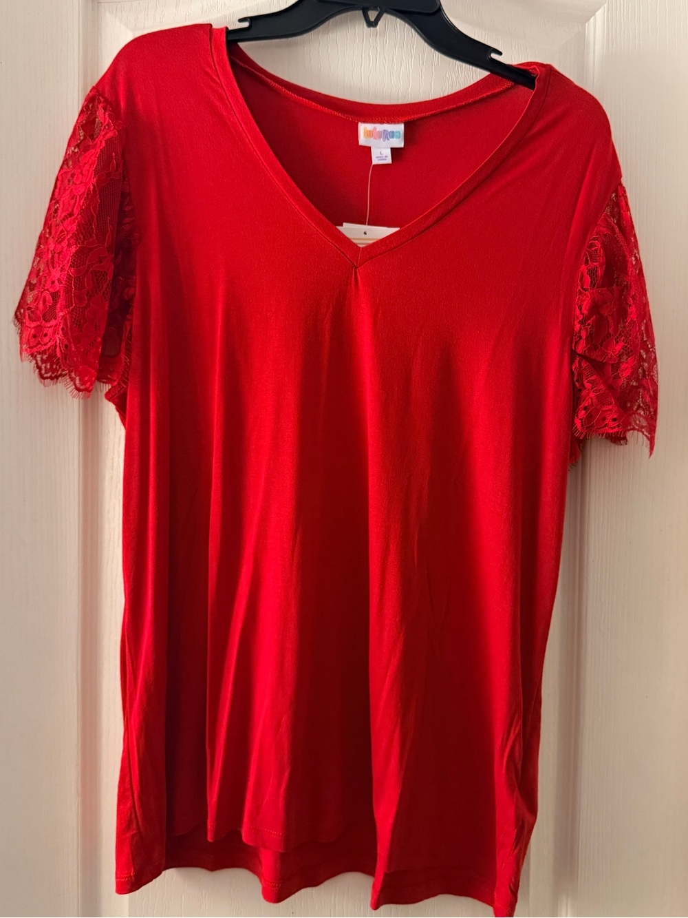 LuLaRoe Red V-Neck Top with Lace Short Sleeves